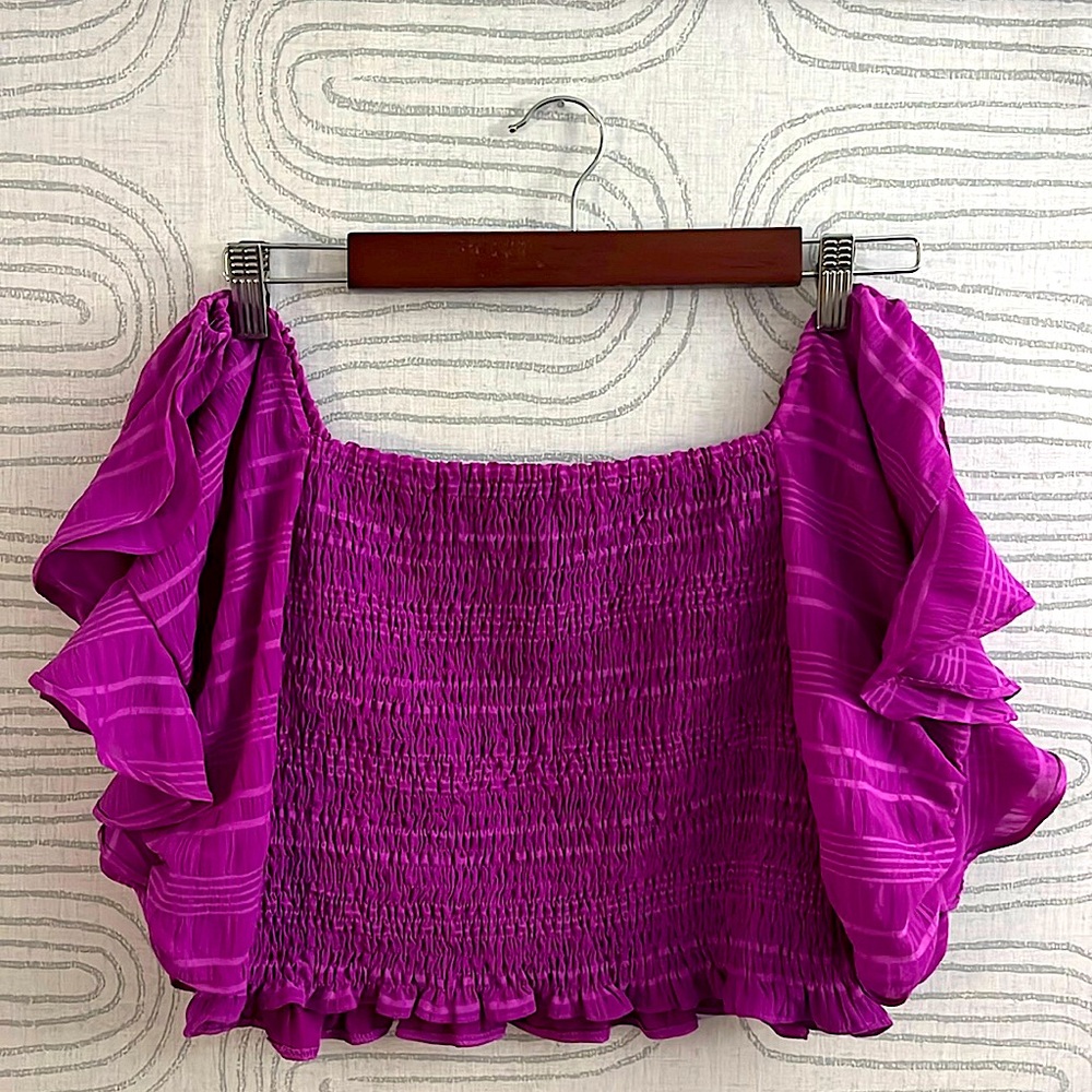 Purple Smocked Ruffle Sleeve Crop Top (Size L)